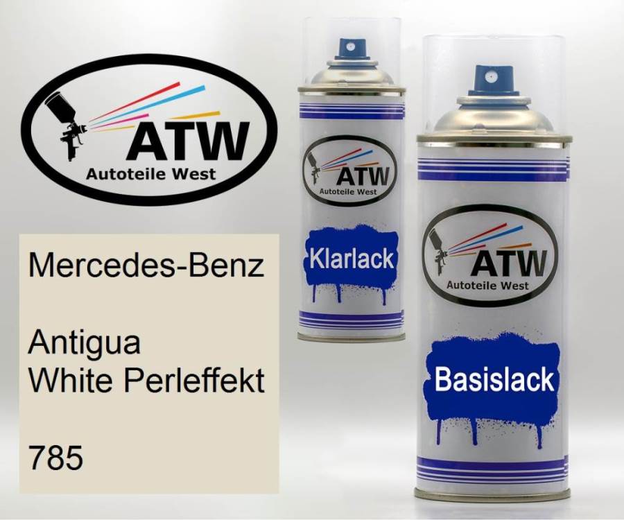 Mercedes-Benz, Antigua White Perleffekt, 785: 400ml Sprühdose + 400ml Klarlack - Set, von ATW Autoteile West.